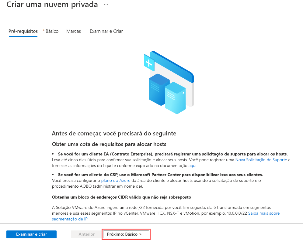 Captura de tela mostrando o painel de&nbsp;pré-requisitos antes de criar o ambiente de nuvem privada da Solução VMware no Azure.