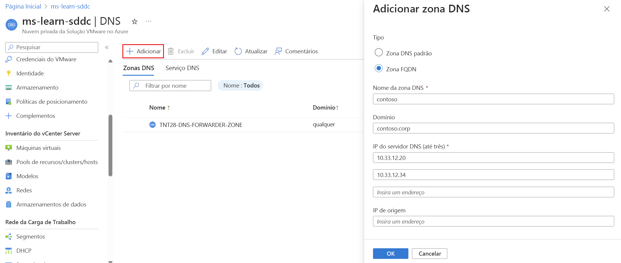 Captura de tela da zona FQDN mostrando como adicionar endereços IP do servidor DNS.