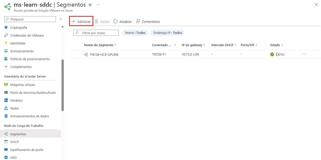 Captura de tela do portal do Azure mostrando como adicionar um segmento de rede do NSX Manager.