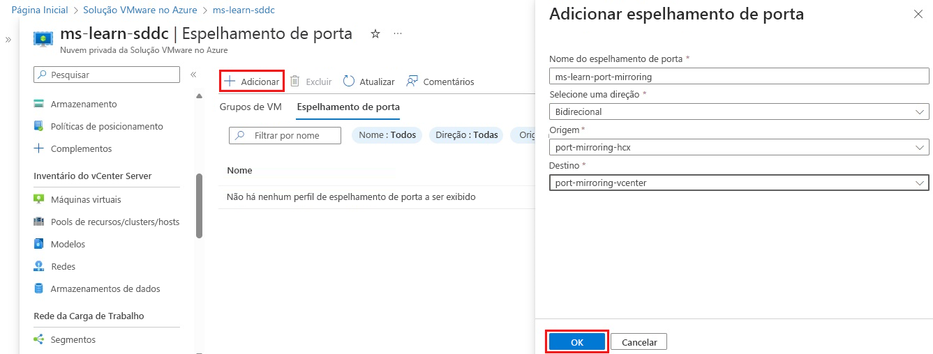 Captura de tela do portal do Azure mostrando como adicionar o perfil de espelhamento de porta.