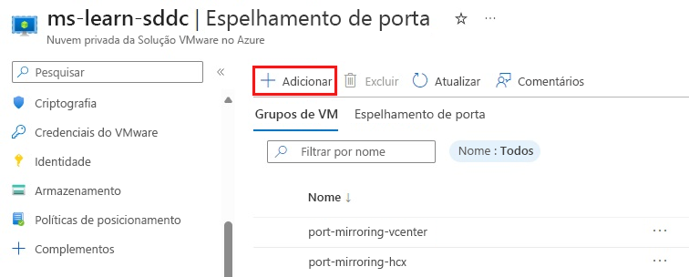 Captura de tela do portal do Azure mostrando onde configurar o espelhamento de porta relacionado a VMs ou grupos de VMs de destino.