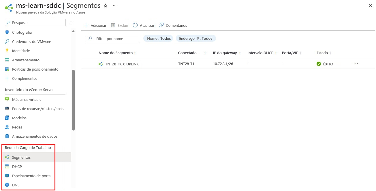 Captura de tela do portal do Azure, mostrando onde configurar as opções NSX para segmentos, DHCP, espelhamento de porta e DNS.
