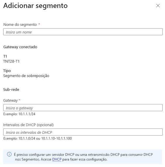 Captura de tela do portal do Azure mostrando onde fornecer detalhes para o segmento de rede.
