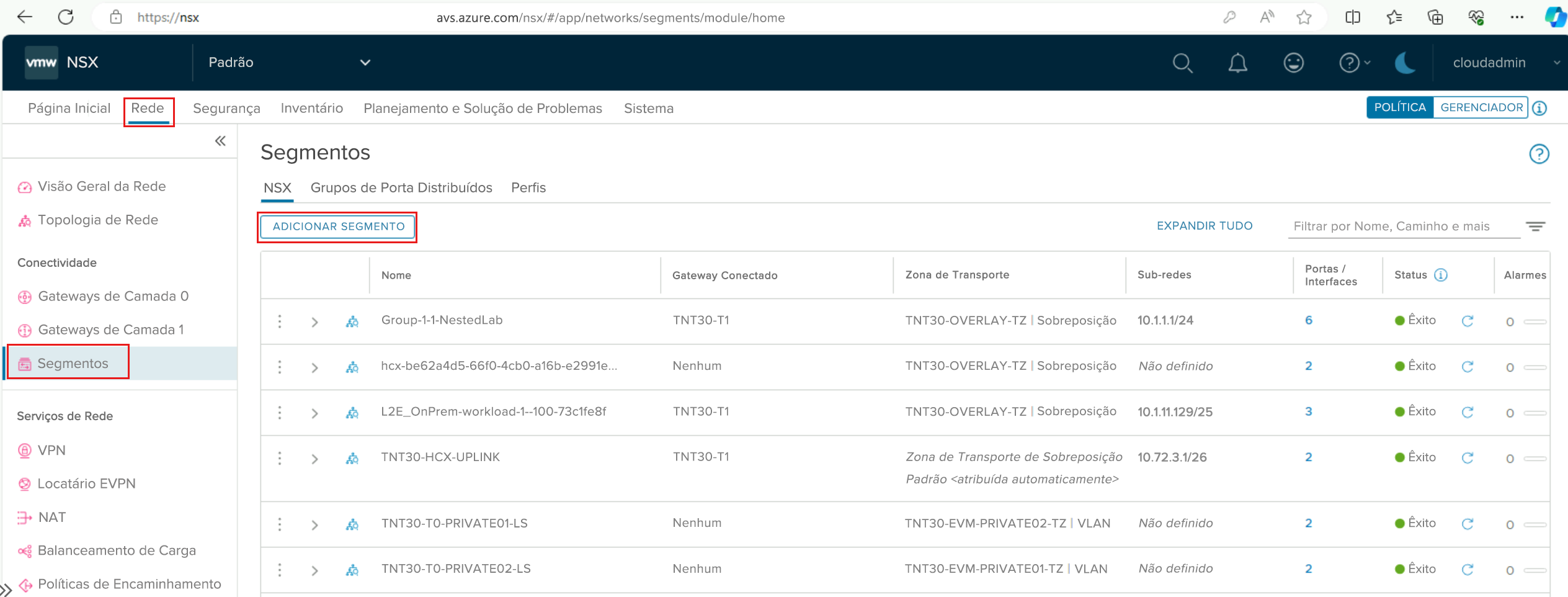 Captura de tela de como adicionar um segmento no NSX Manager.