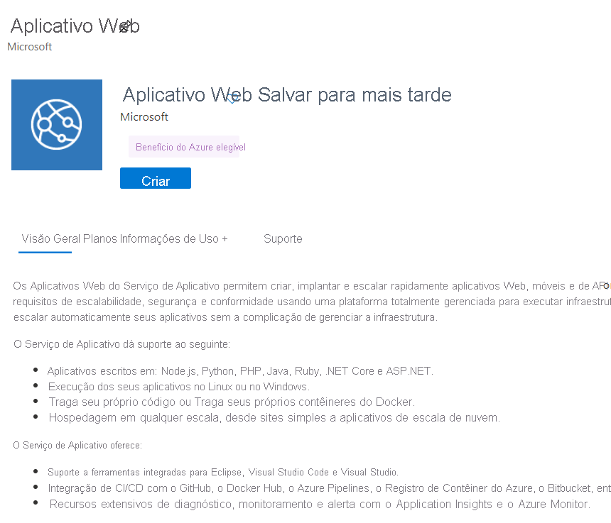 Captura de tela que mostra o Azure Marketplace com o aplicativo Web selecionado.