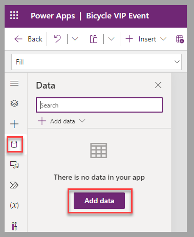 Captura de tela do estúdio de tela do Power Apps. O foco está na opção Adicionar dados na seção Dados do painel de navegação esquerdo.