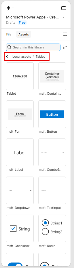 Captura de tela do estúdio Figma. O foco está no menu de trilha de navegação que mostra que os ativos são provenientes das seções Ativos Locais e Tablet localizadas abaixo de Ativos no painel de navegação esquerdo.