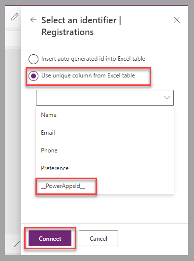 Captura de tela do estúdio de tela do Power Apps. O foco está na ID do Power Apps e na opção Usar coluna exclusiva da tabela do Excel.