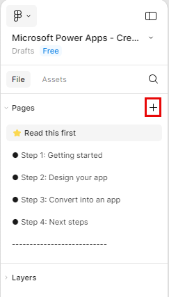 Captura de tela do painel de navegação esquerdo do estúdio do Figma. O foco está na guia Arquivo e no sinal de adição ao lado de Páginas.