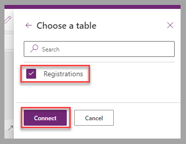 Captura do estúdio de tela do Power Apps. O foco está na tabela Registrations e no botão Conectar.