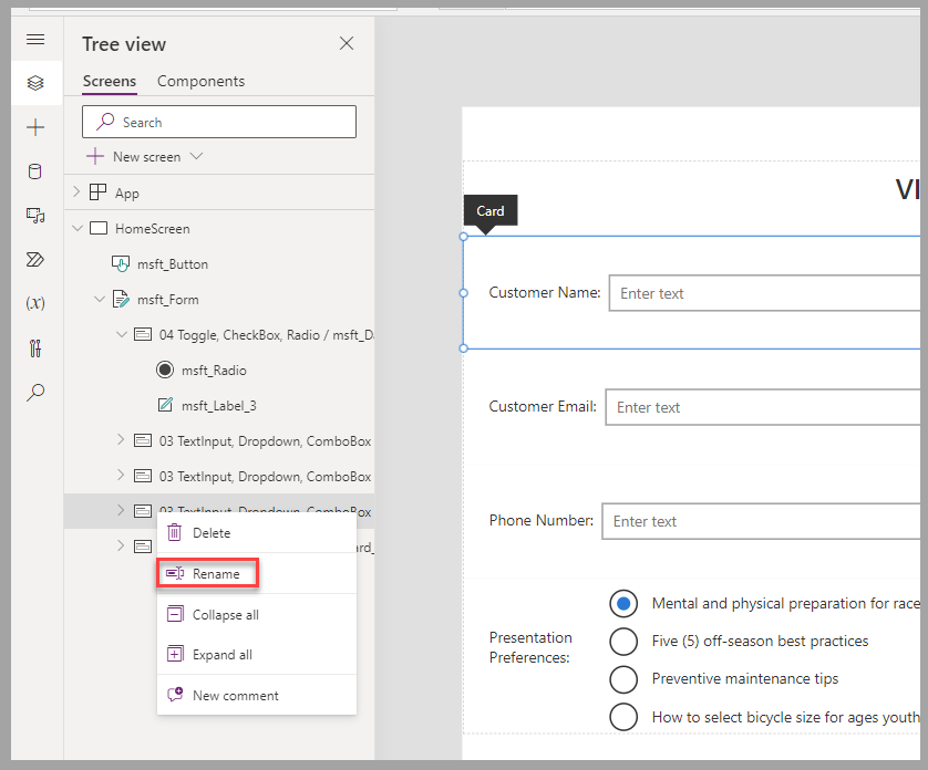 Captura do estúdio de tela do Power Apps. O foco está em Renomear para um controle de cartão de dados.