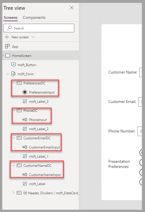Captura do estúdio de tela do Power Apps. O foco está nos componentes renomeados.