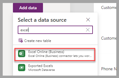 Captura de tela do estúdio de tela do Power Apps. O foco está na fonte de dados do Excel Online Business.