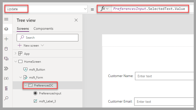 Captura do estúdio de tela do Power Apps. O foco está na propriedade Update para Preferences DC e no valor da propriedade PreferencesInput.SelectedText.Value.