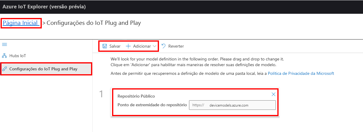 The illustration shows how to set the IoT Explorer Plug and Play public repository.