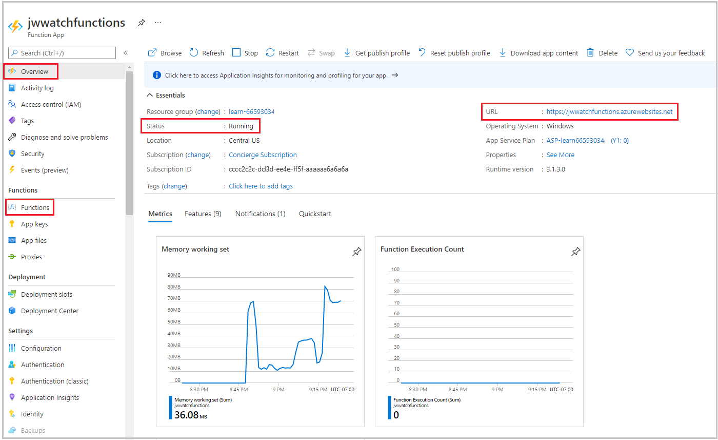 Captura de tela do painel aplicativo de funções do portal do Azure mostrando as funções