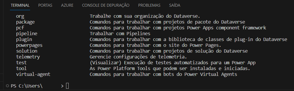 Captura de tela mostrando uma lista de comandos.