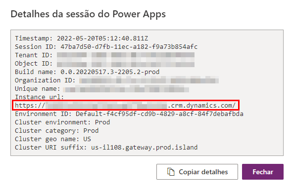 Captura de tela dos detalhes da sessão e de onde encontrar o valor da U R L da instância.