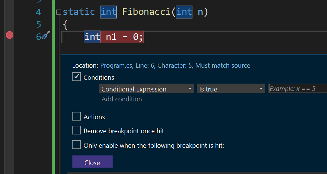 Captura de tela da configuração de um ponto de interrupção condicional no Visual Studio.