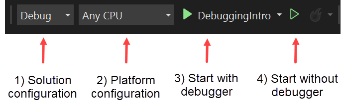 Captura de tela dos controles de depuração do Visual Studio.