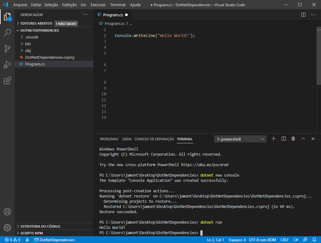 Screenshot of Visual Studio Code with a new console application.