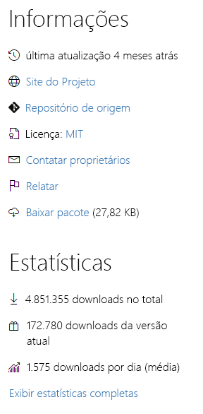 Screenshot of information and metrics on a NuGet package.