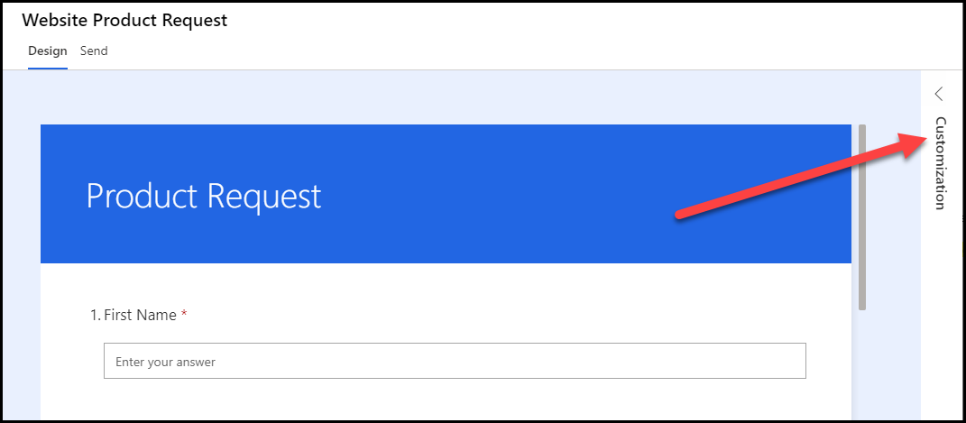 Na exibição de design da pesquisa Solicitação de Produto no Site, uma seta aponta para o menu Personalização à direita.