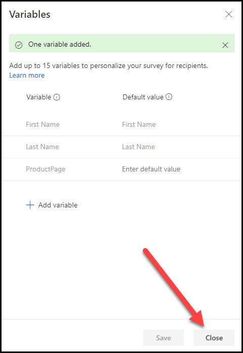 Uma notificação mostra Uma variável adicionada e uma seta aponta para o botão Fechar.