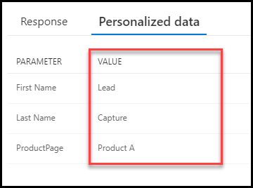A guia Dados personalizados mostra os valores especificados: Nome é Cliente Potencial, Sobrenome é Capturar e ProductPage é Produto A.