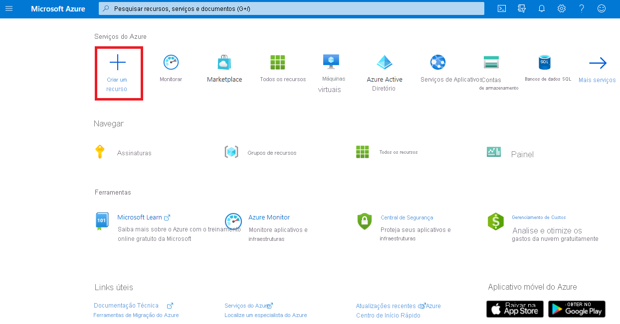 Captura de tela do menu do portal do Azure e da opção Criar um recurso.