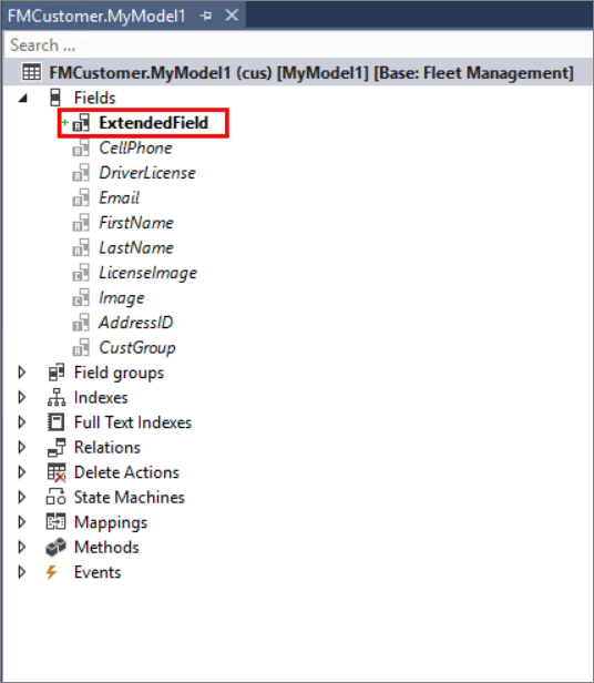 Esta é uma captura de tela do Visual Studio com o campo AccountNum adicionado a uma extensão da tabela FMCustomer.