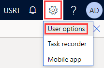 Captura de tela do ícone Configurações e da lista suspensa de opções do usuário.