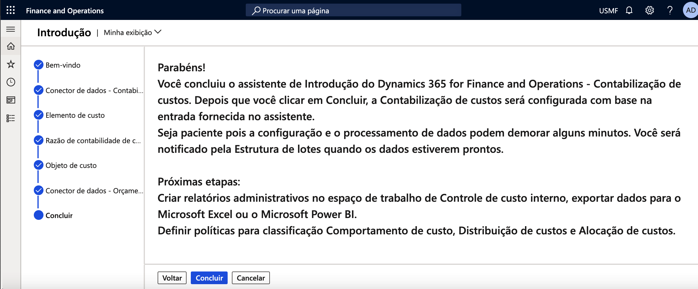 Captura de tela do assistente Introdução da contabilização de custos que mostra a mensagem de parabéns.