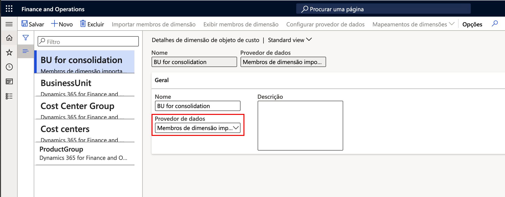 Captura da página Detalhes da dimensão do objeto de custo mostrando a opção Membros da dimensão importados.