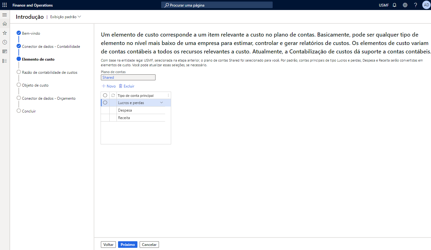 Captura de tela do assistente Introdução da contabilização de custos que mostra como selecionar o tipo de conta principal.