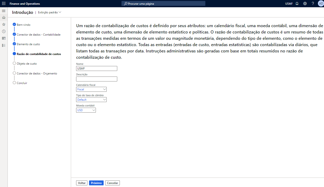 Captura de tela do assistente Introdução da contabilização de custos com os valores padrão.