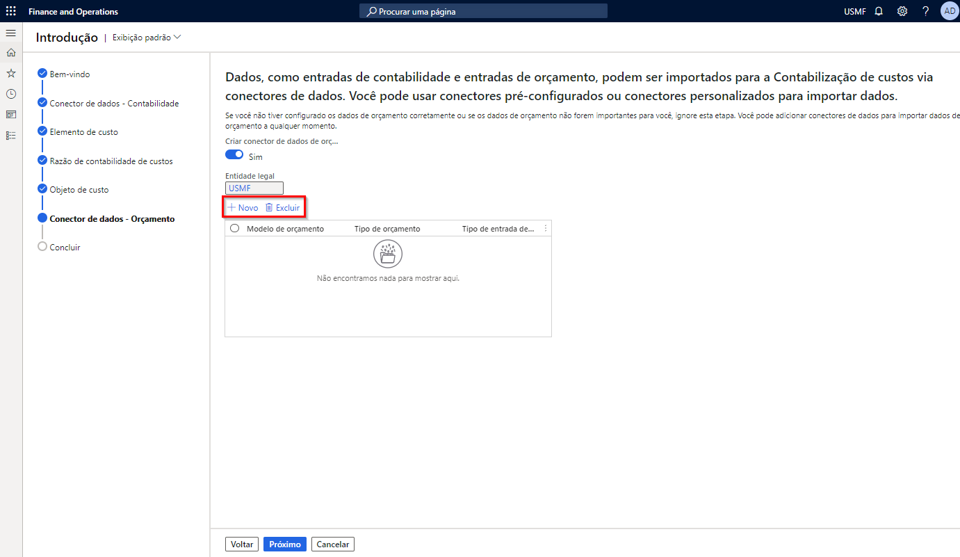 Captura de tela do assistente Introdução da contabilização de custos que mostra a opção Criar conector de dados de orçamento.