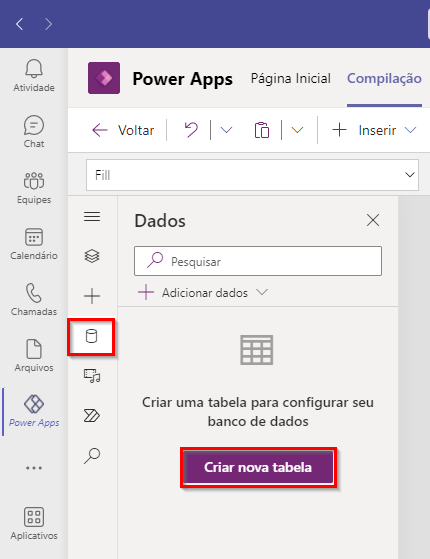 Captura de tela do botão Criar nova tabela.