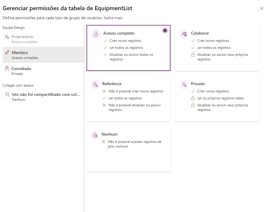 Captura de tela da lista de permissões com Acesso total selecionado.