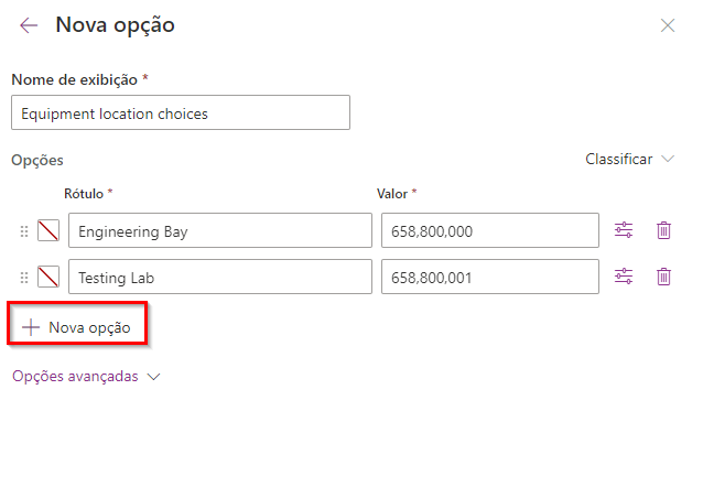 Captura de tela do painel Nova coluna com as entradas anotadas nos rótulos das colunas de opções, com os rótulos de opções e Salvar realçados.