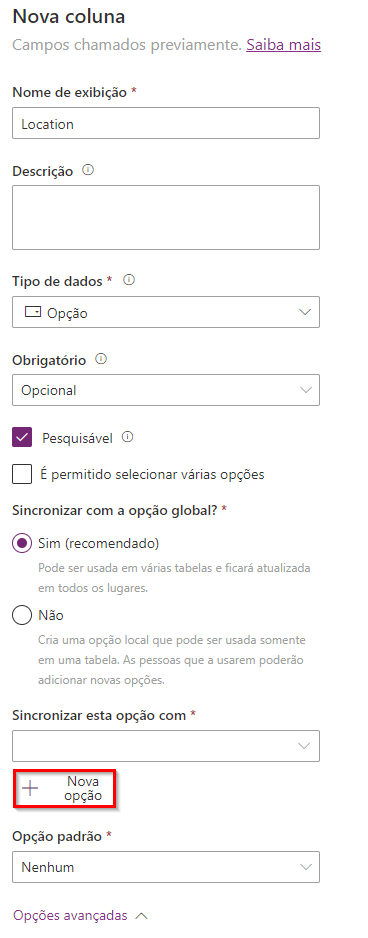 Captura de tela do painel Nova coluna mostrando o Tipo de dados como Opção e realçando o botão + Nova opção em Opções.