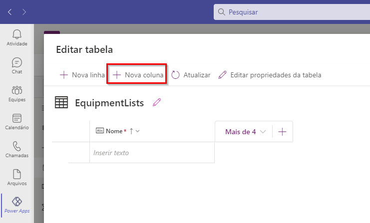 Captura da tela da tabela de edição da Lista de equipamentos com + Nova coluna realçada.