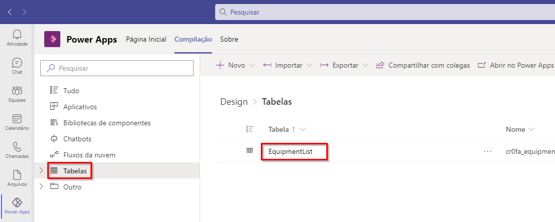 Captura de tela do menu Seleção de tabela com tabelas selecionadas no campo de navegação e duas tabelas existentes realçadas.