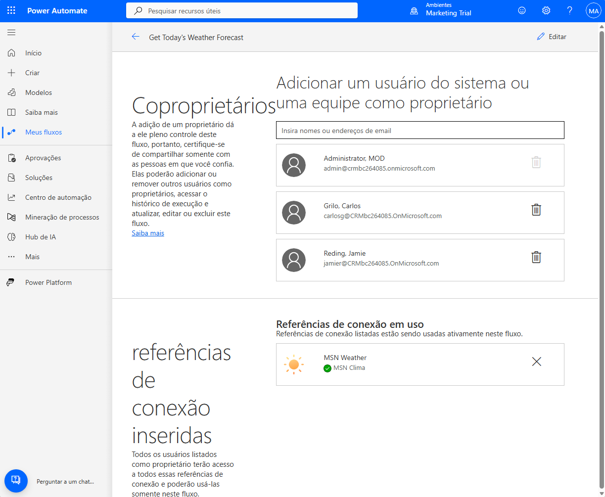 Captura de tela da página Coproprietários mostrando o campo de texto para adicionar um usuário ou grupo como proprietário, com os coproprietários atuais listados abaixo.