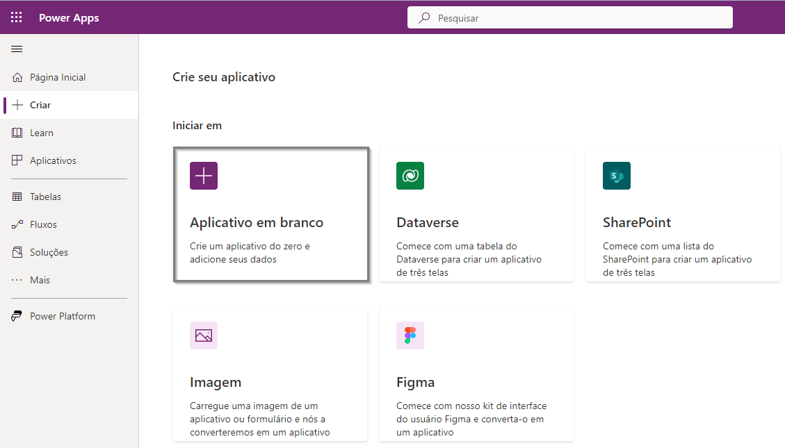 Captura de tela da página Criar seu aplicativo no Power Apps com o aplicativo em branco selecionado.