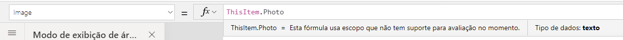 Captura de tela da imagem selecionada na barra de fórmulas com a fórmula definida como ThisItem.Photo.