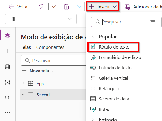 Captura de tela do menu Inserir expandido para mostrar Itens populares, inclusive Rótulo de texto.