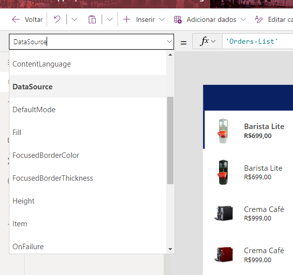 Captura de tela do menu suspenso com DataSource padrão selecionado e Item sendo exibido.