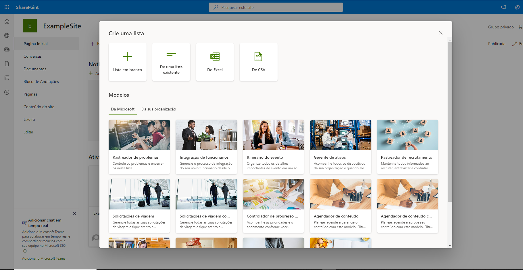 Captura de tela da página Criar uma lista no SharePoint mostrando a opção Do Excel.
