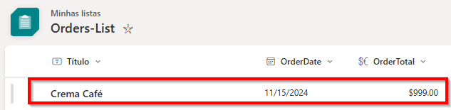 Captura de tela da ordem recém-criada na lista.